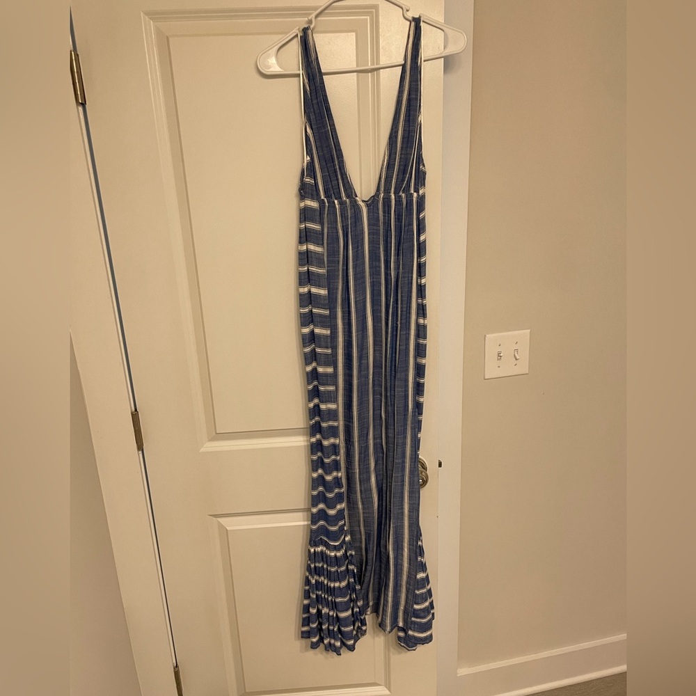 L*Space Allison Striped Maxi Dress Cover Up Plunge Side Slits Tassel Blue XSmall